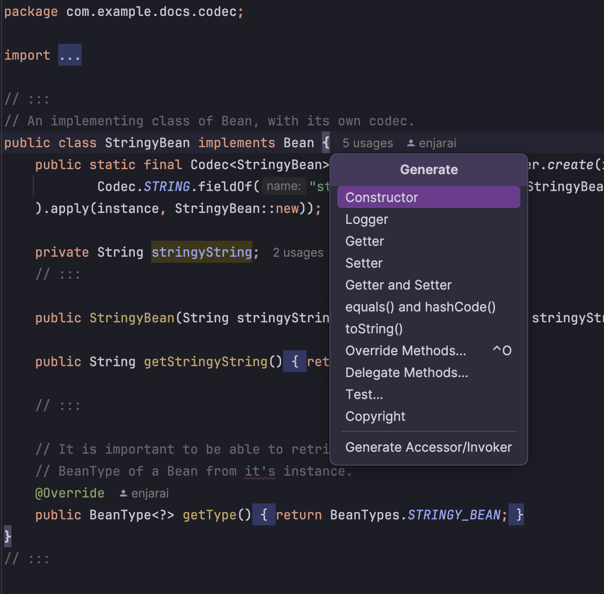 Меню створення коду у файлі Java