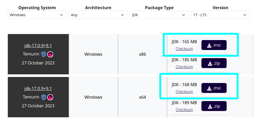 "Windows Installer (.msi)" 선택이 강조된 Adoptium 다운로드 페이지