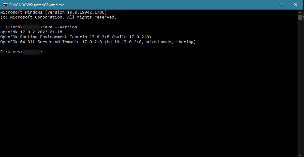 "java -version"이 입력된 명령 프롬프트