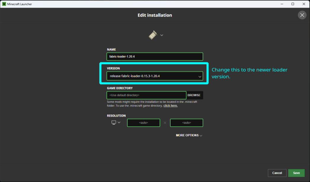 Aktualizowanie wersji Fabric Loadera w launcherze Minecrafta